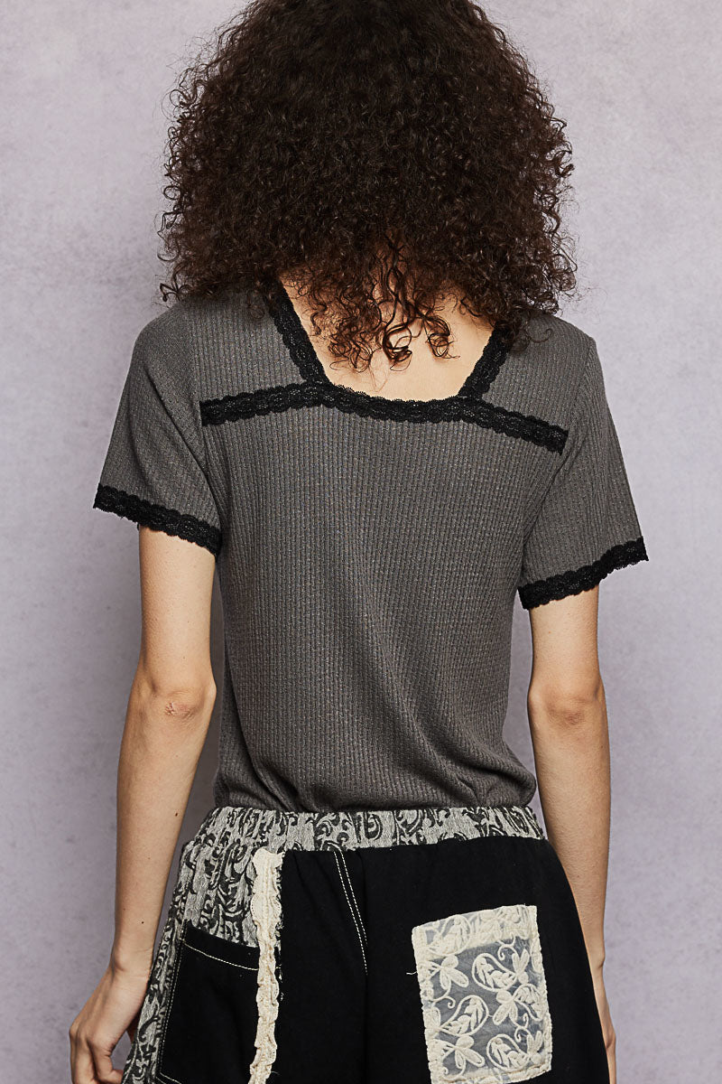 Charcoal textured V-neck short-sleeve T-shirt with black lace trim, rear view