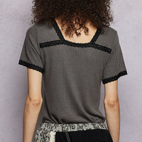 Charcoal textured V-neck short-sleeve T-shirt with black lace trim, rear view