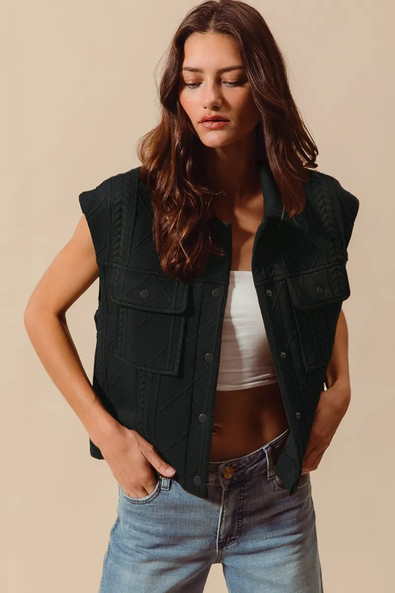 Black knit button-up vest with cable quilt stitching and two flap chest pockets