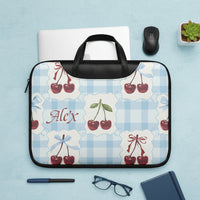 Leather Shoulder Bag for Laptop | Personalized Blue Gingham & Cherry