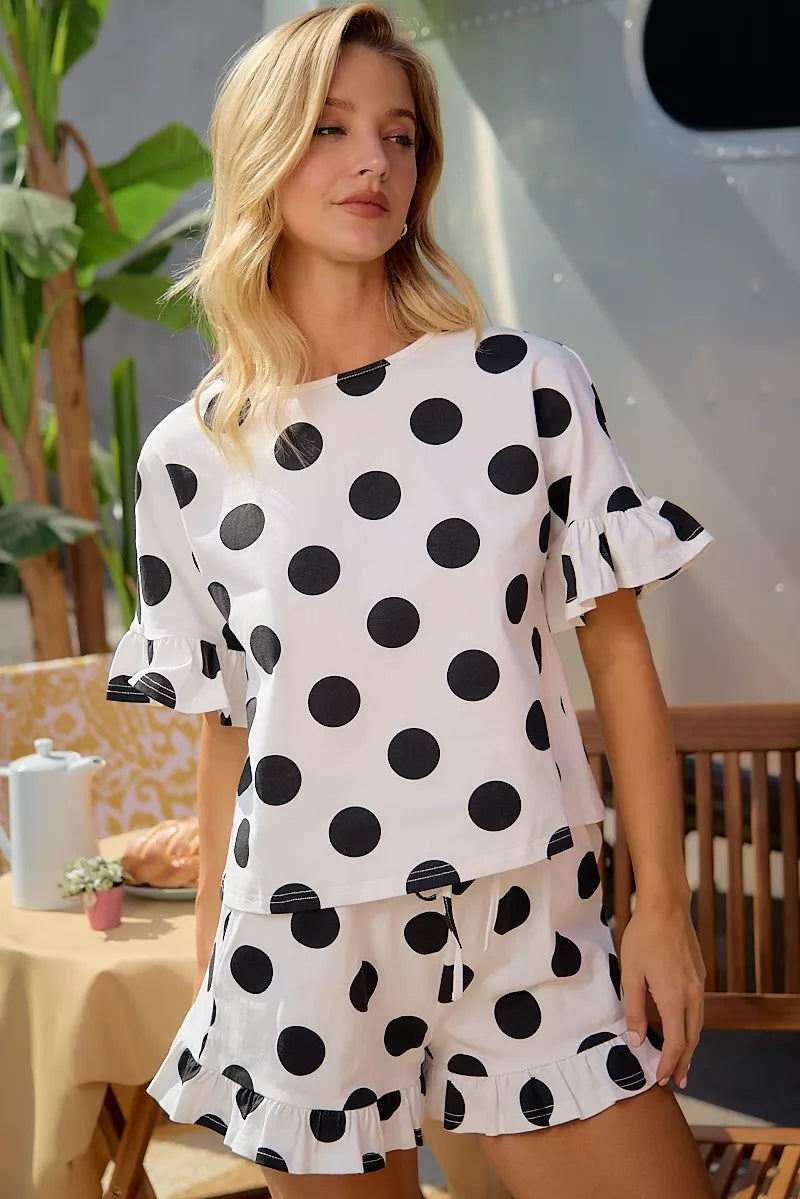 Ivory and black polka dot ruffle top with matching drawstring shorts set