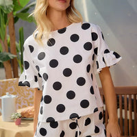 Ivory and black polka dot ruffle top with matching drawstring shorts set