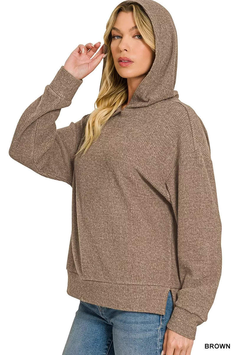 Brown brushed ribbed hacci hoodie with hood, long sleeves, and kangaroo pocket