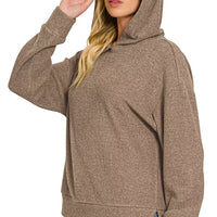 Brown brushed ribbed hacci hoodie with hood, long sleeves, and kangaroo pocket