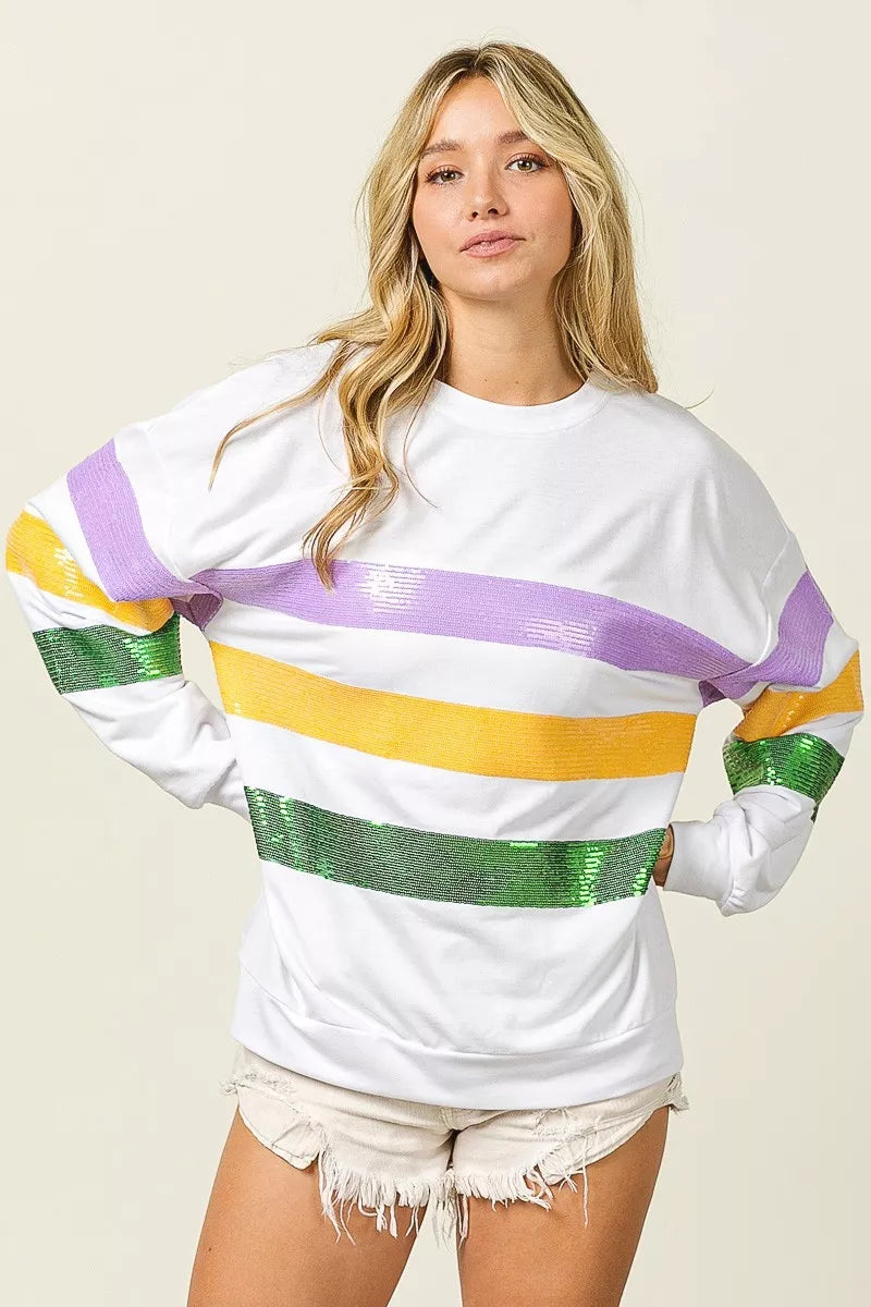 Off-white round-neck sweatshirt with sequined purple, yellow, and green striped band