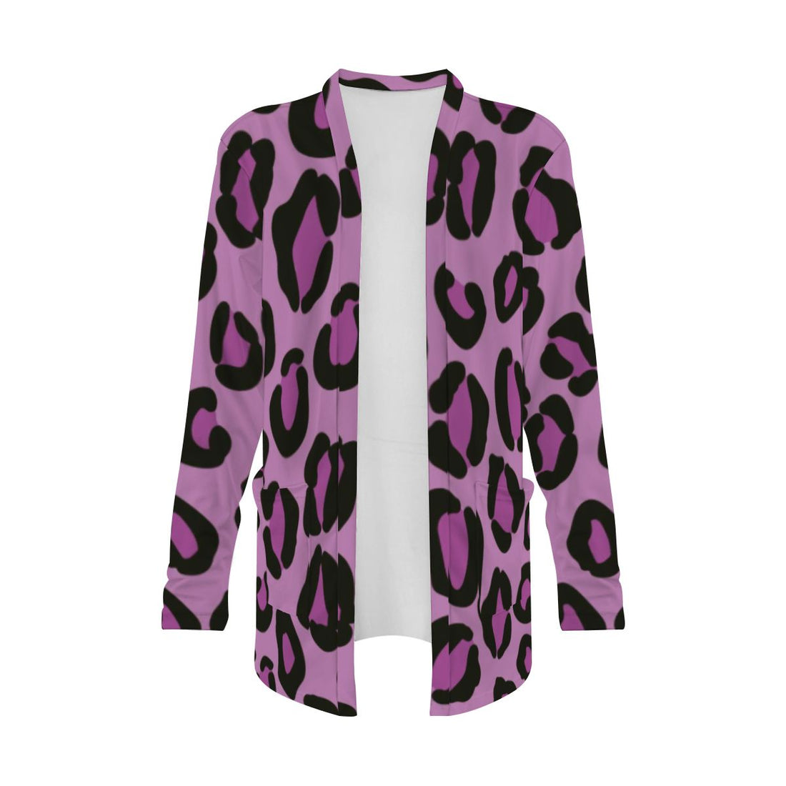 Purple Leopard Print Open-Front Cardigan with Pockets