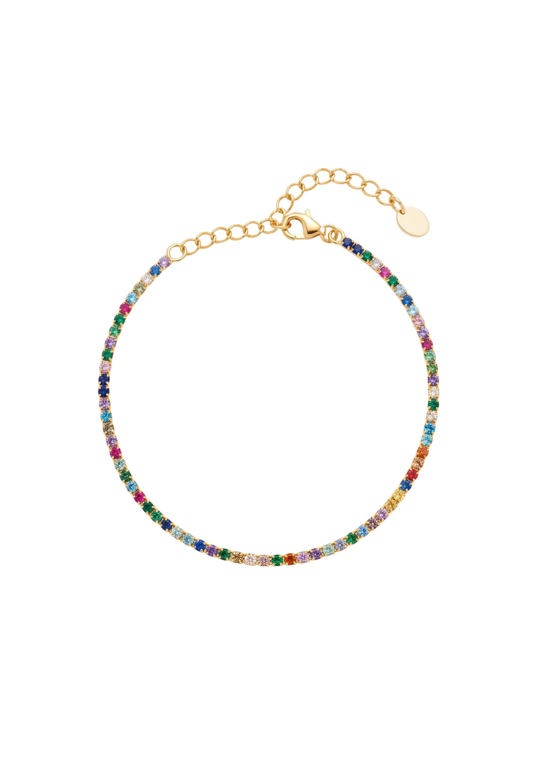 Gold tennis bracelet with rainbow CZ stones