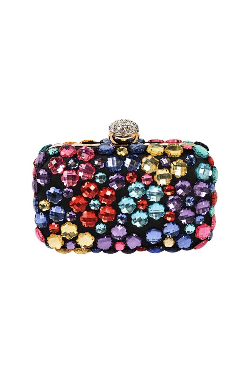 Crystal clutch bag with multicolor rhinestone flowers and top clasp