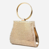Gold beaded clutch bag with circular double ring top handle