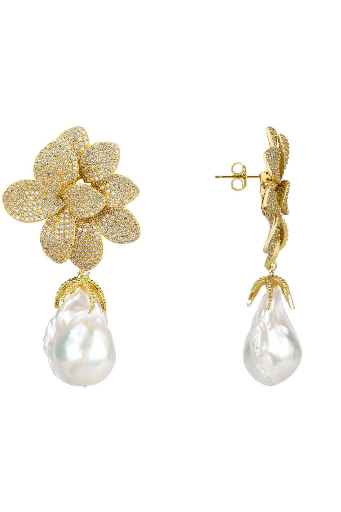 Amaryllis Flower Baroque Pearl Drop Earrings White Gold-3