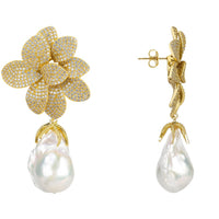Amaryllis Flower Baroque Pearl Drop Earrings White Gold-3