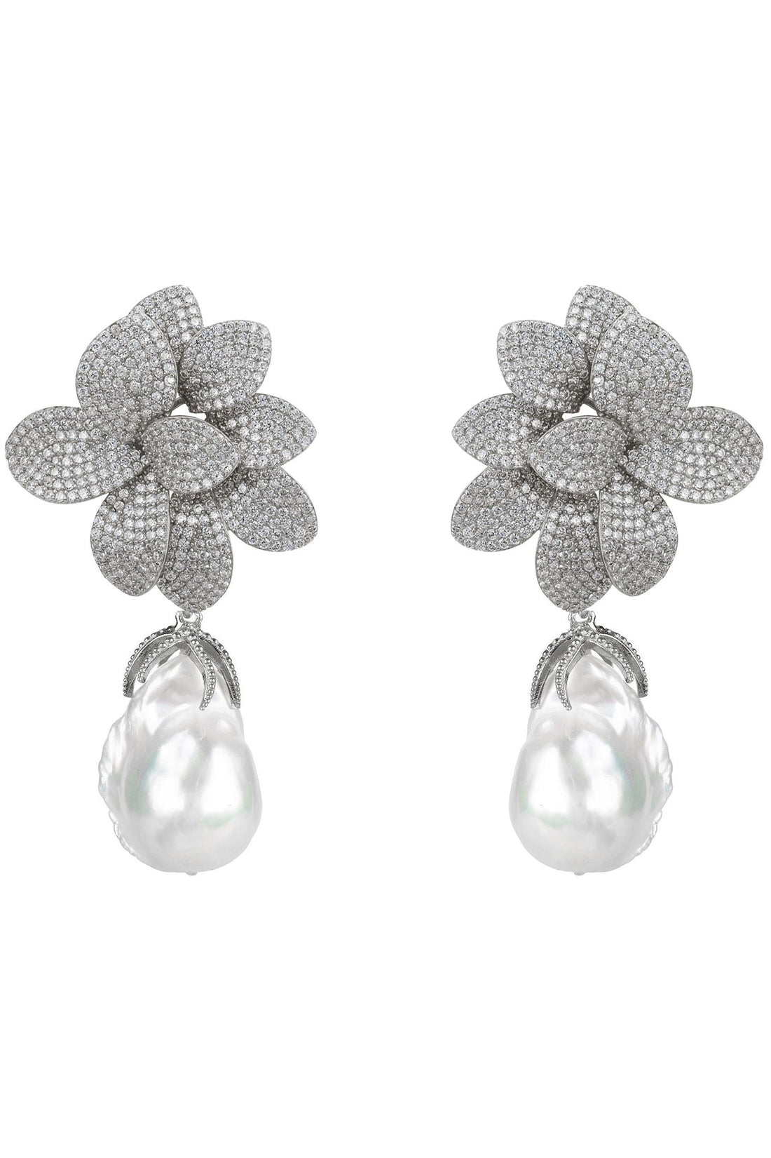 Silver flower drop earrings with pavé petals and baroque pearl drops
