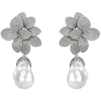 Silver flower drop earrings with pavé petals and baroque pearl drops