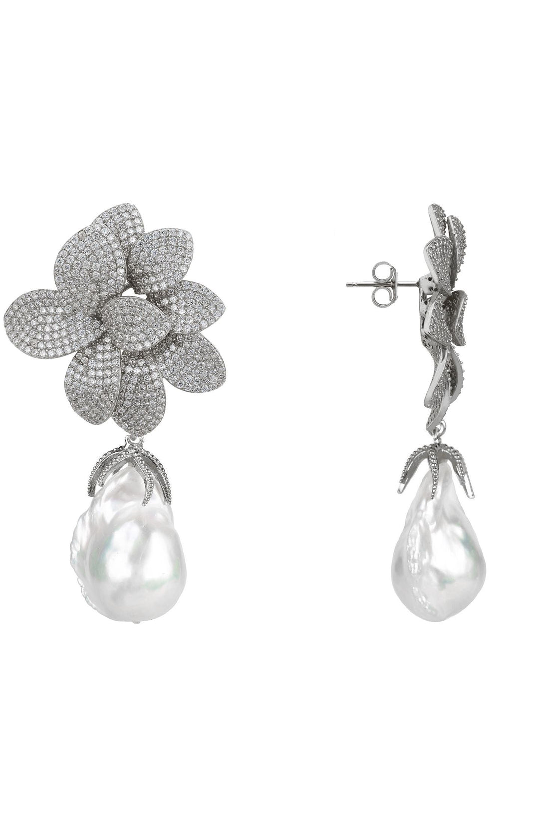 Amaryllis flower baroque pearl drop earrings in silver with pavé petals
