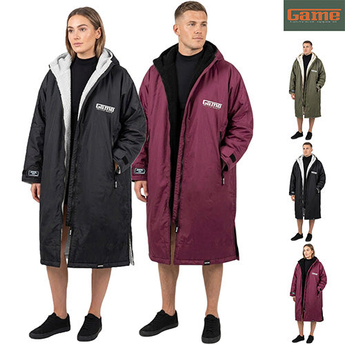 Black and plum hooded changing robes modeled to show long fit and front pockets