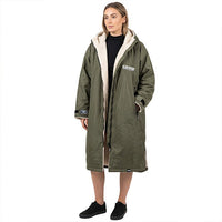 Olive long changing robe with cream fleece lining and hood, modeled