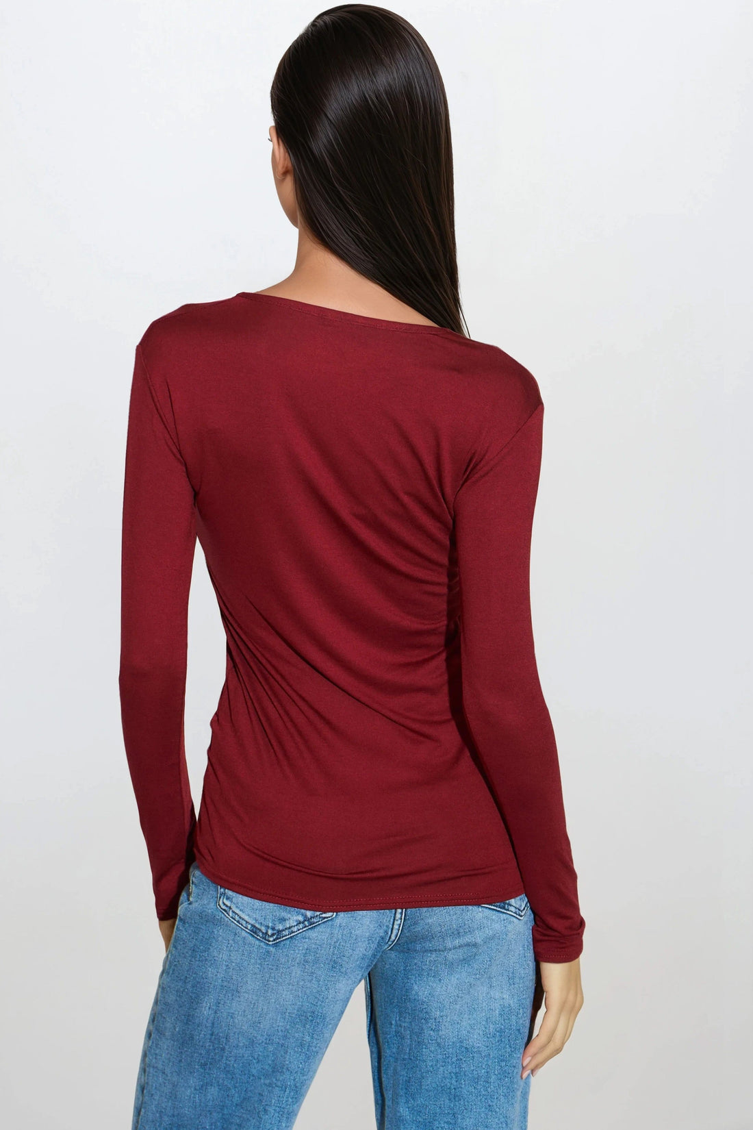 Wine v-neck long-sleeve fitted top, ruched back and tapered waist