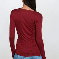 Wine v-neck long-sleeve fitted top, ruched back and tapered waist
