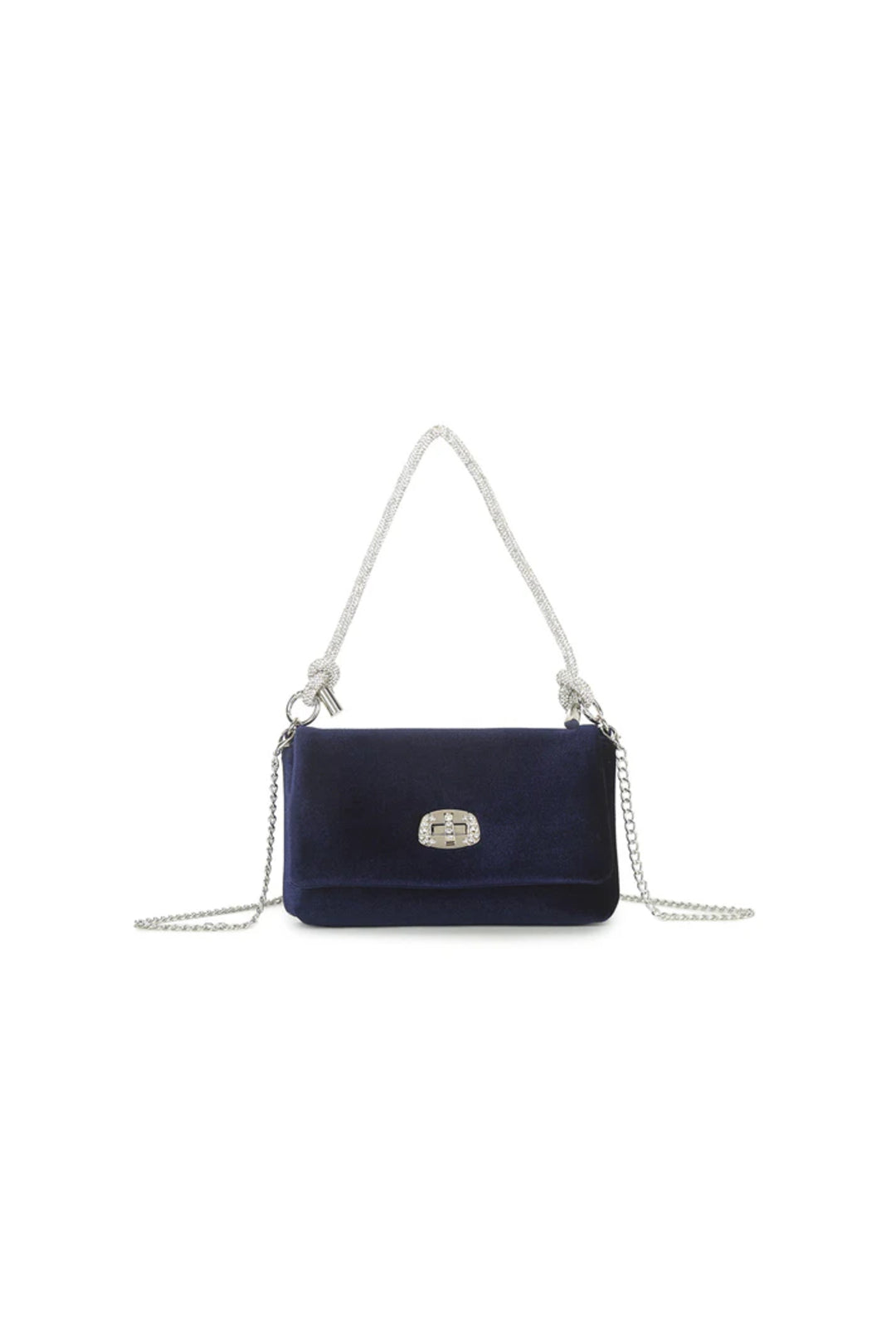 Navy velvet evening bag with chain handle and front clasp