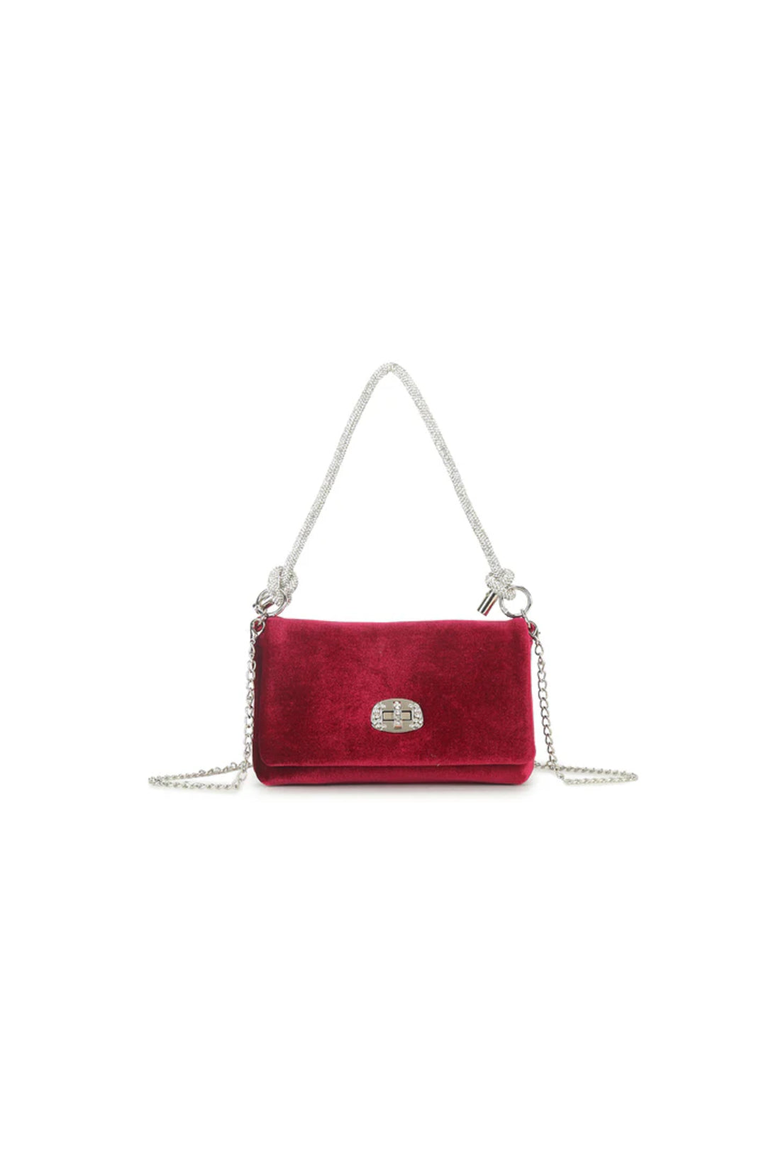 Cherry red velvet evening bag with silver chain shoulder straps and front clasp