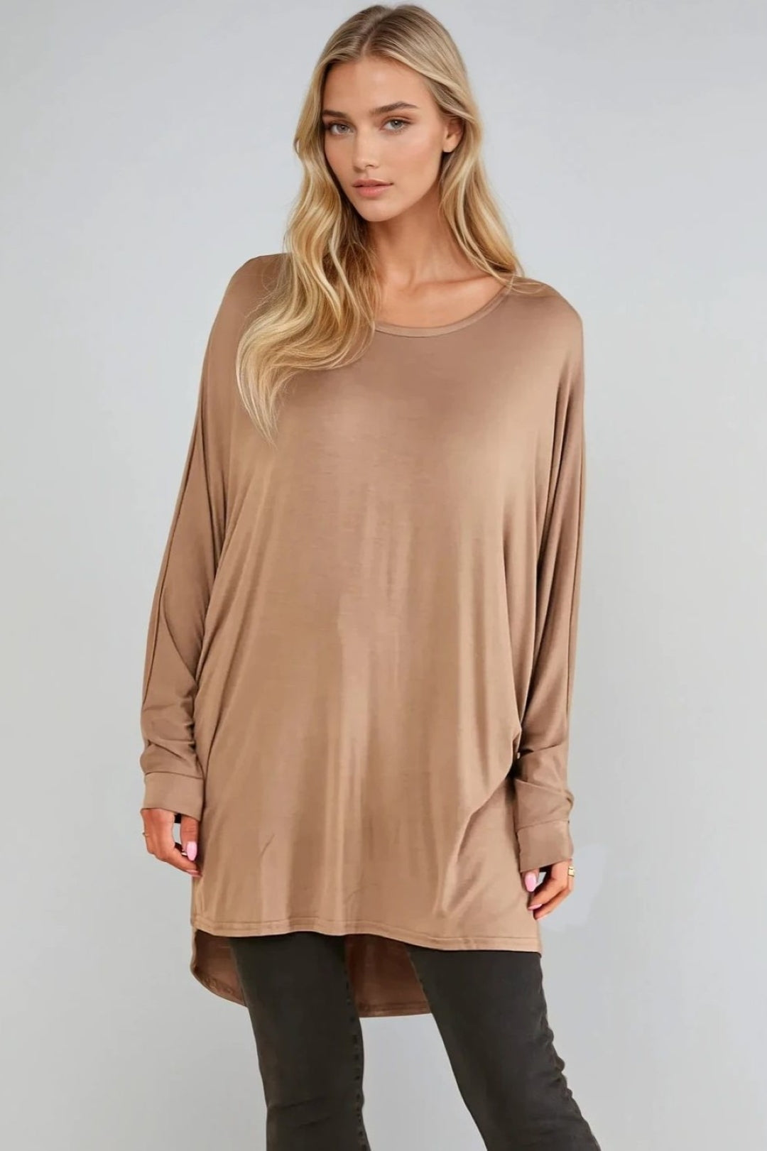 Mocha oversized batwing top with long sleeves and high-low hem, loose fit
