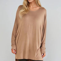 Mocha oversized batwing top with long sleeves and high-low hem, loose fit