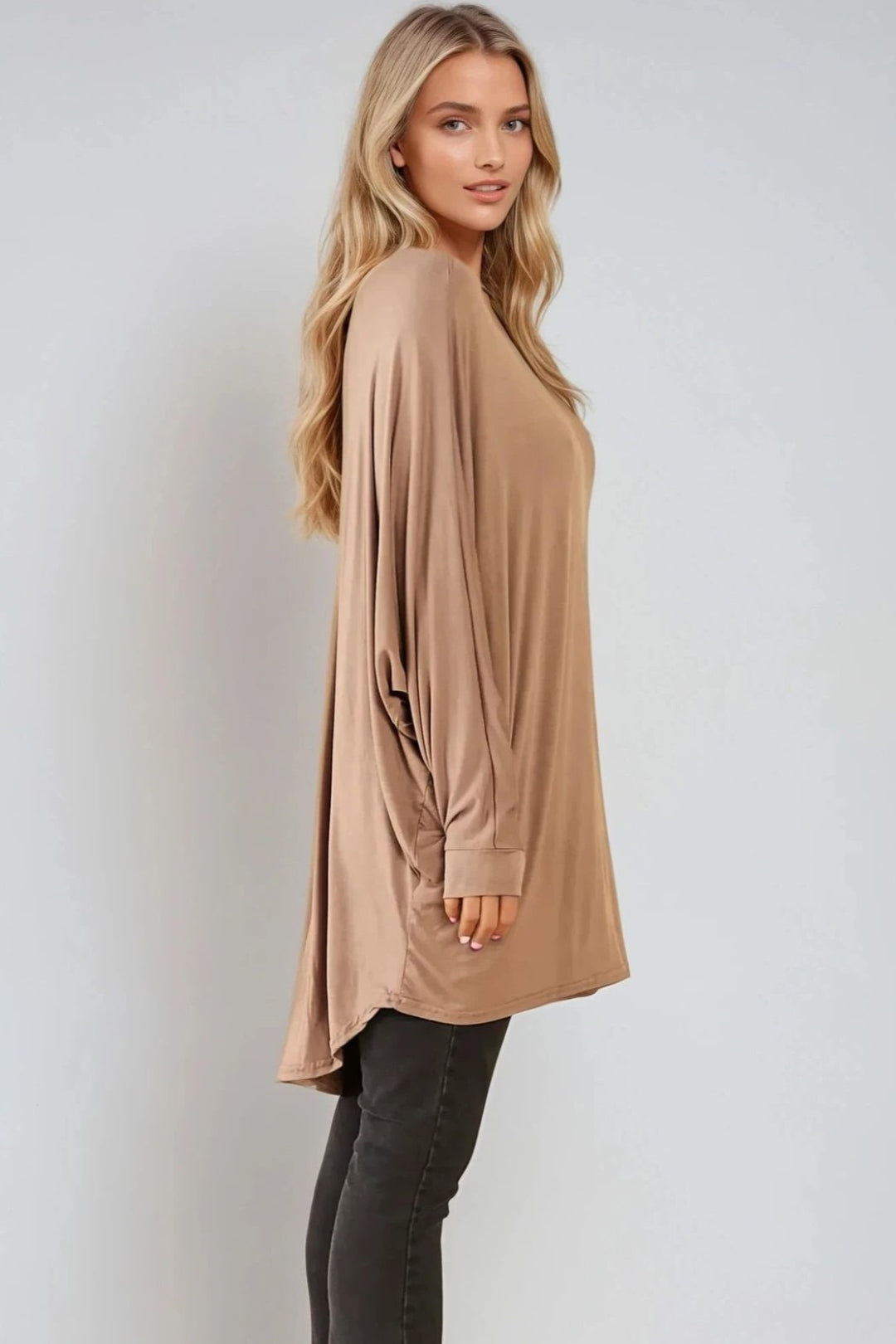 Mocha oversized batwing top with long sleeves and high-low hem, side drape