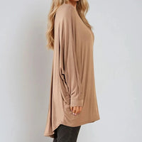 Mocha oversized batwing top with long sleeves and high-low hem, side drape