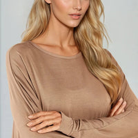 Mocha batwing sleeve oversized top with wide neckline, soft drape fabric