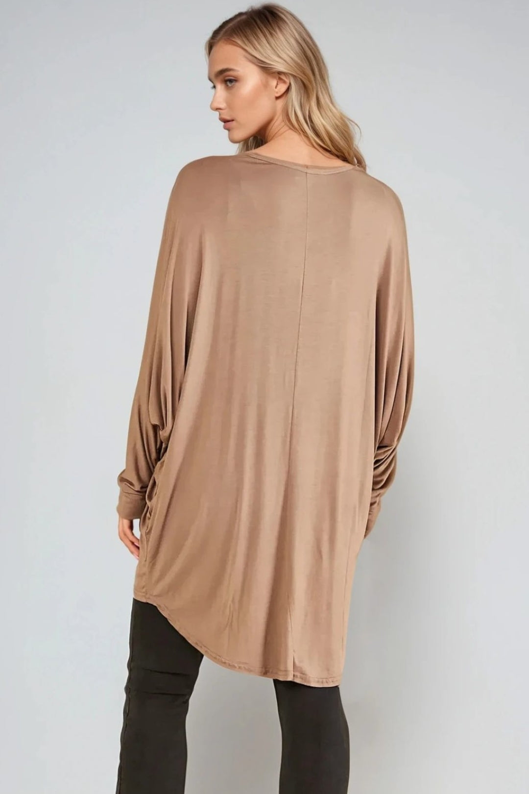 Mocha oversized batwing top with rounded neckline and high-low back hem
