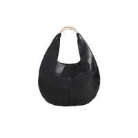 Black faux leather oval shoulder bag with curved handle and open top