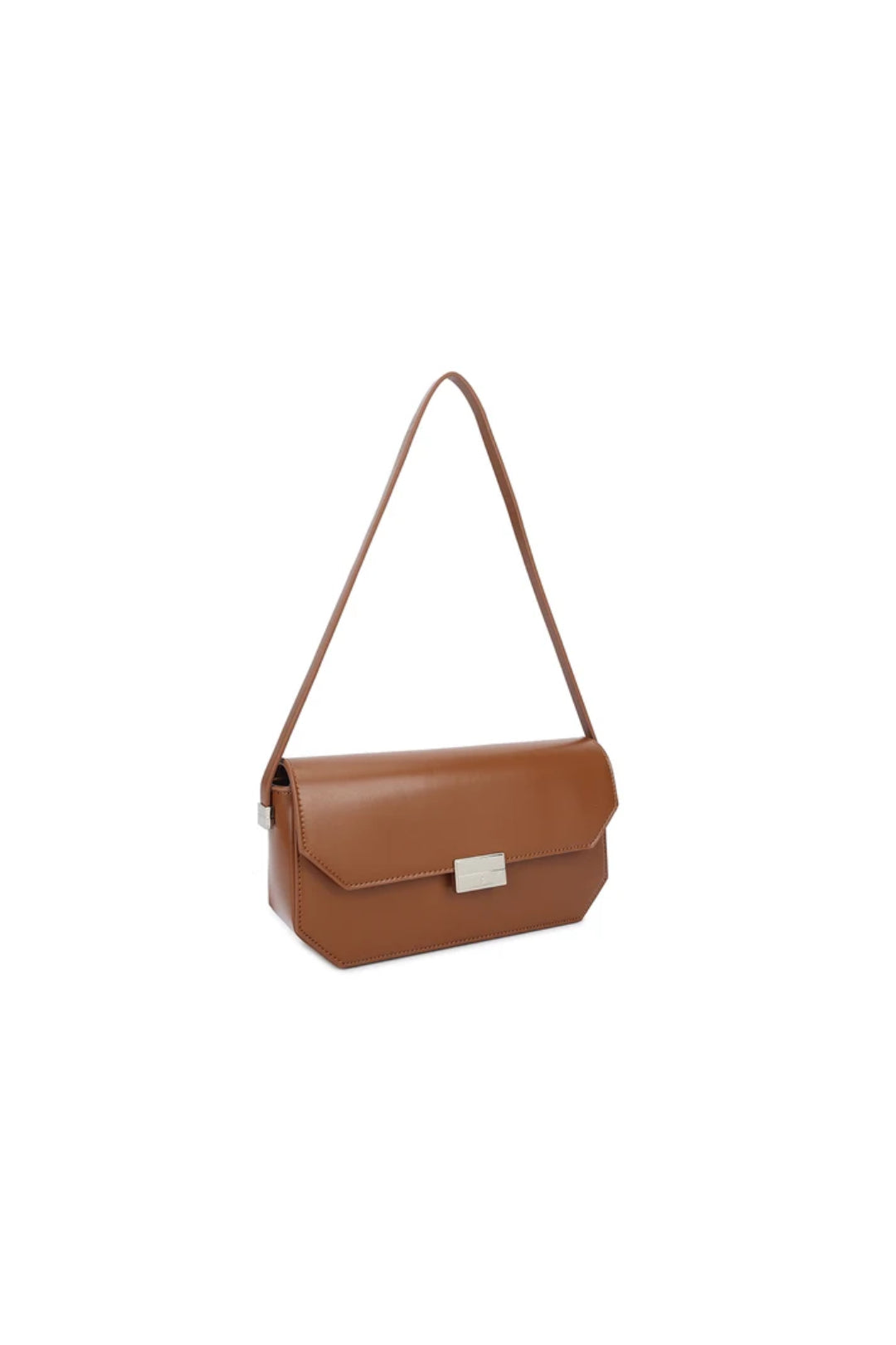 Coffee brown faux leather shoulder bag, top flap front pocket and metal tag