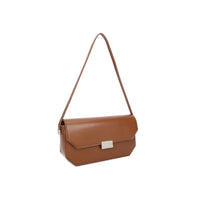 Coffee brown faux leather shoulder bag, top flap front pocket and metal tag