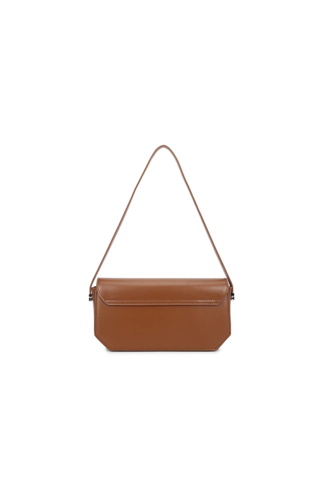 Coffee brown faux leather shoulder bag with flap, short handle strap, wide front
