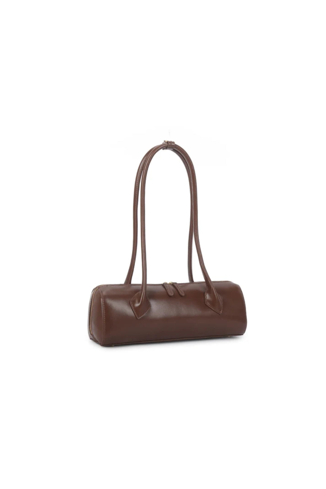 Coffee brown faux leather shoulder bag with arched handles, gold-tone hardware