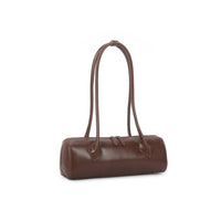 Coffee brown faux leather shoulder bag with arched handles, gold-tone hardware