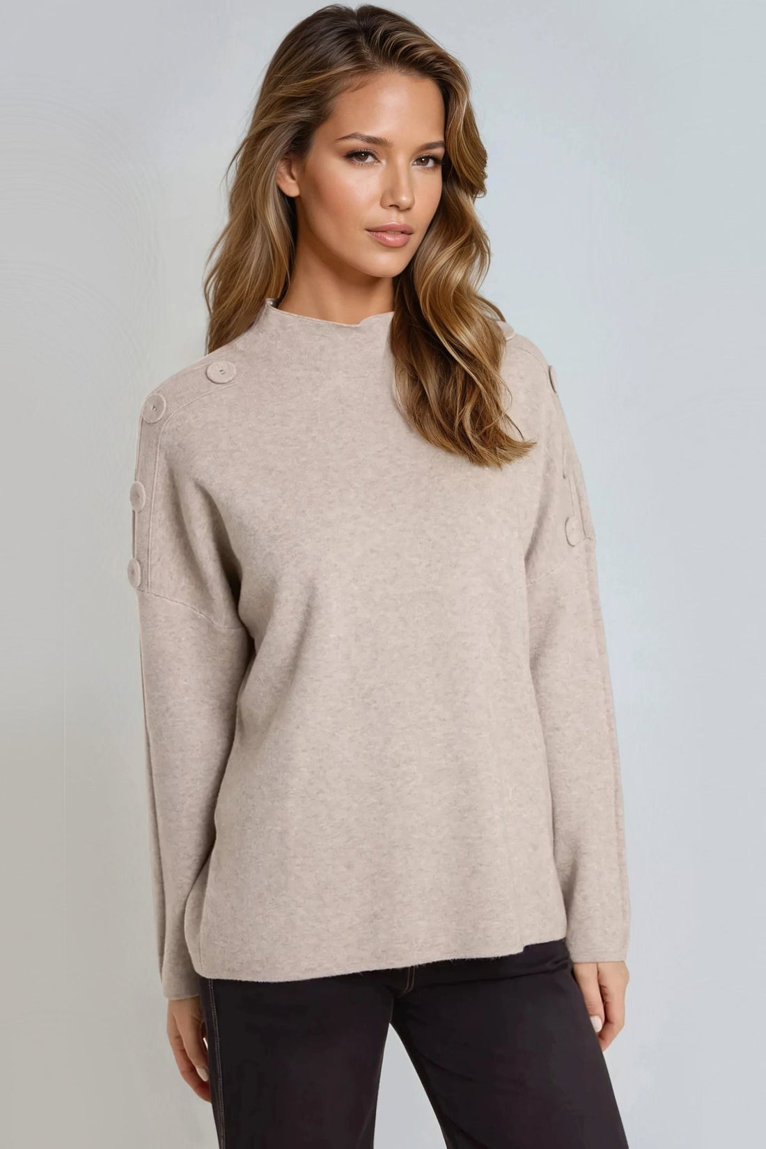 Mocha high-neck jumper with buttoned shoulder detail, long sleeves