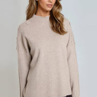 Mocha high-neck jumper with buttoned shoulder detail, long sleeves