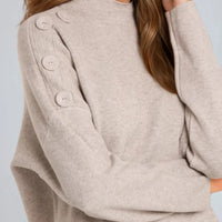 Mocha high-neck jumper with three shoulder buttons and ribbed cuffs