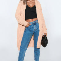 Pink Hooded Cable Knitted Longline Cardigan-0