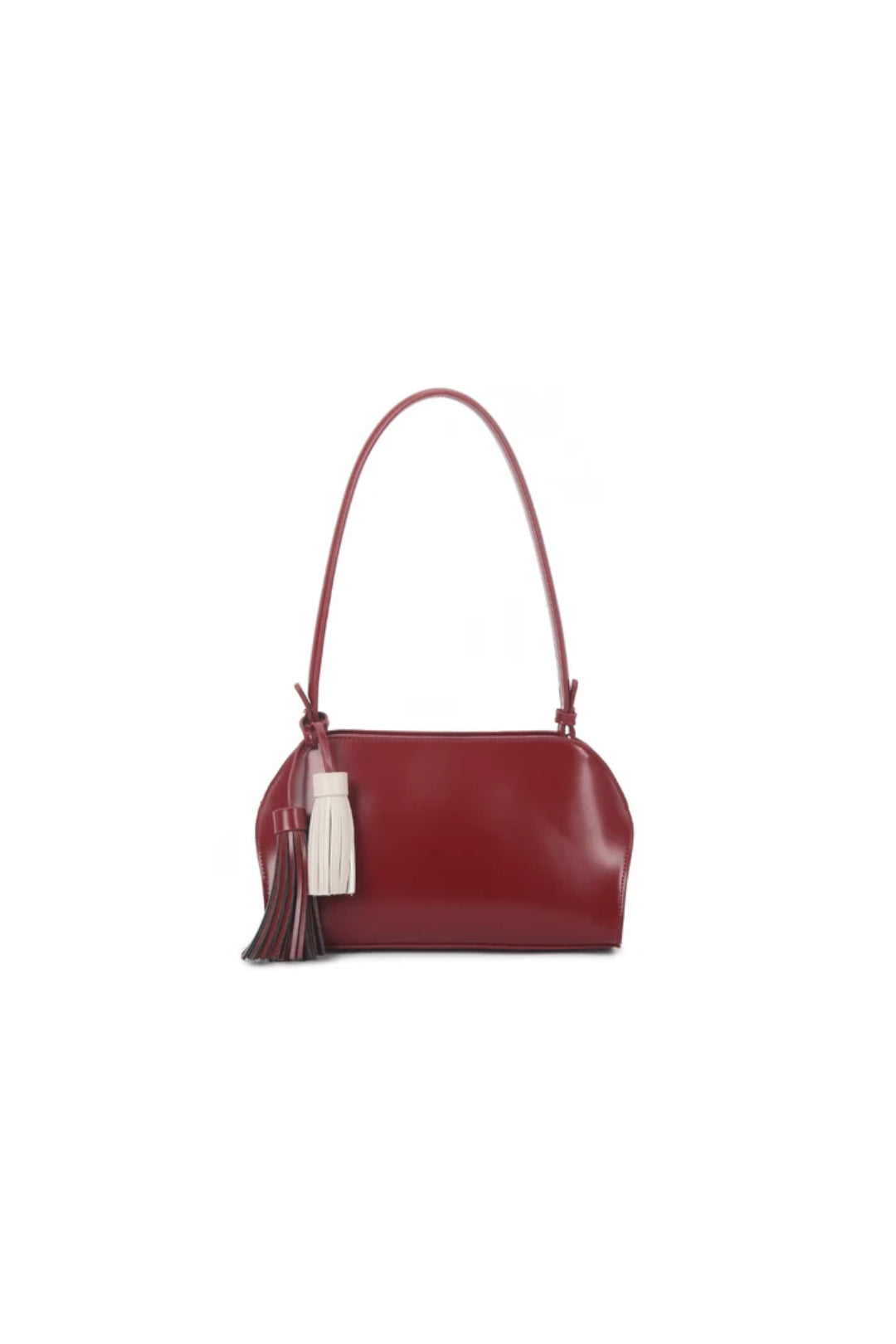 Cherry red faux leather shoulder bag with tassel charms and top handles