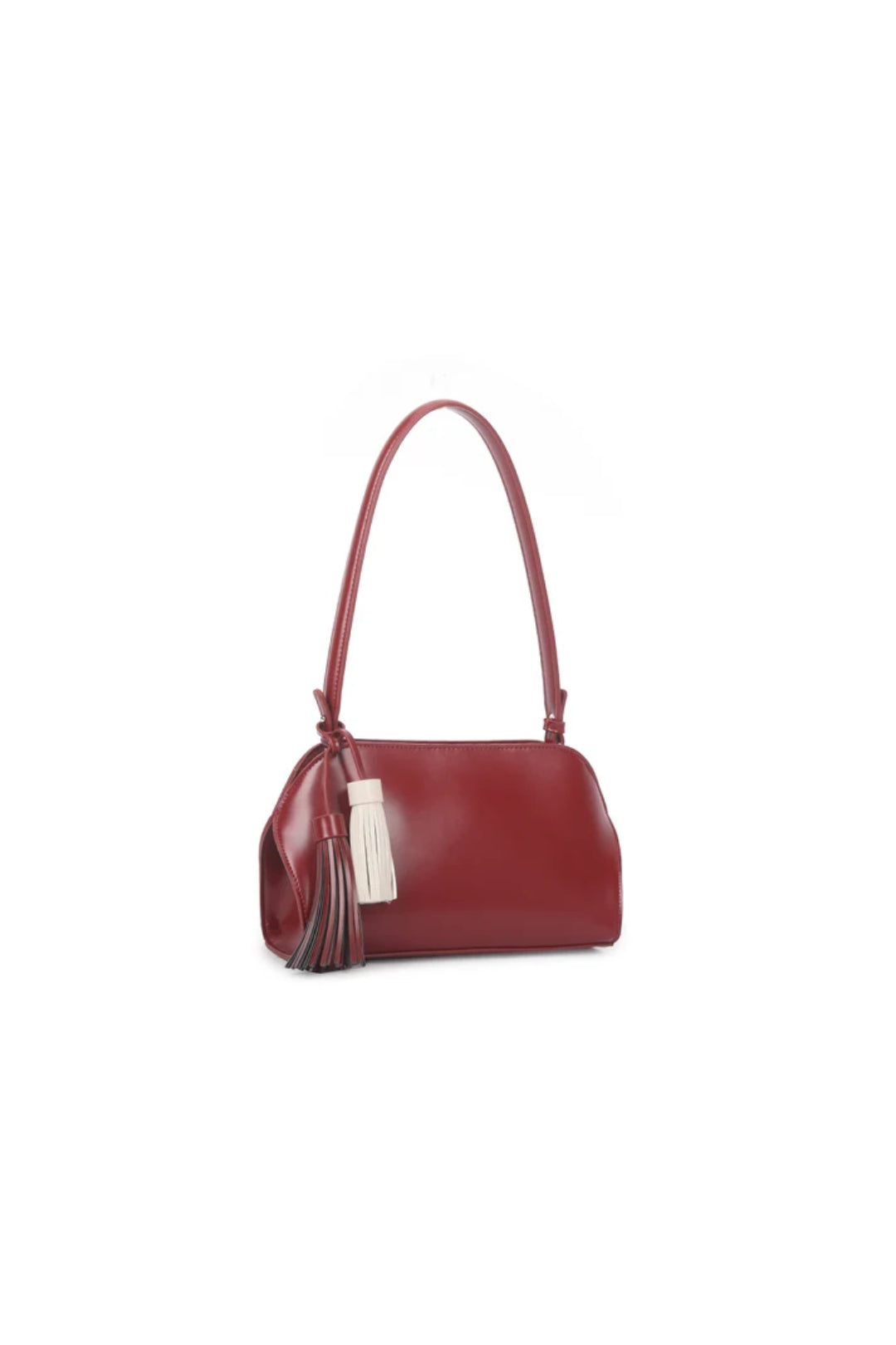 Cherry red faux leather shoulder bag with side tassel charm and top handles