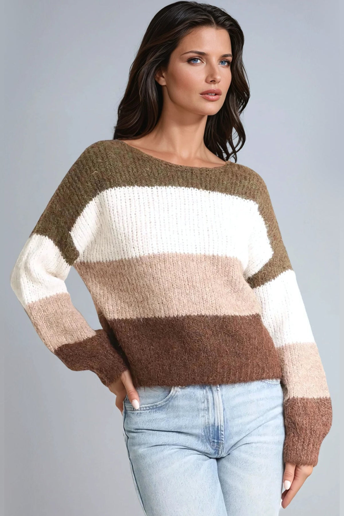 Women’s color-block striped knit jumper, crew neck, long sleeves in khaki, cream and brown