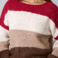 Wool blend jumper with wide colour blocks: wine, cream, and brown; ribbed cuffs