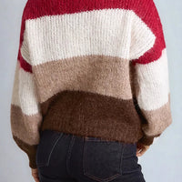 Wool blend crew-neck jumper with colour-block stripes in wine, cream, and brown