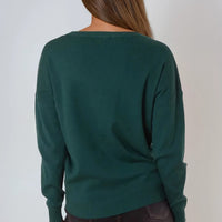 Back view of green fine-knit crew neck jumper with ribbed cuffs