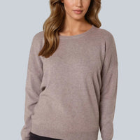 Mocha fine-knit crew neck jumper with long sleeves