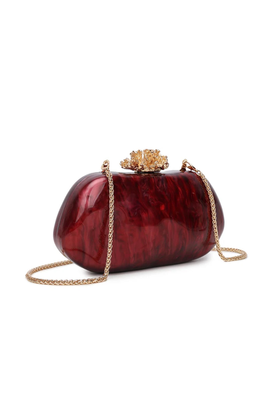Burgundy box clutch bag with ornate gold top clasp and braided chain strap