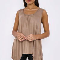 Mocha sleeveless tunic with gathered neckline and asymmetric draped hem