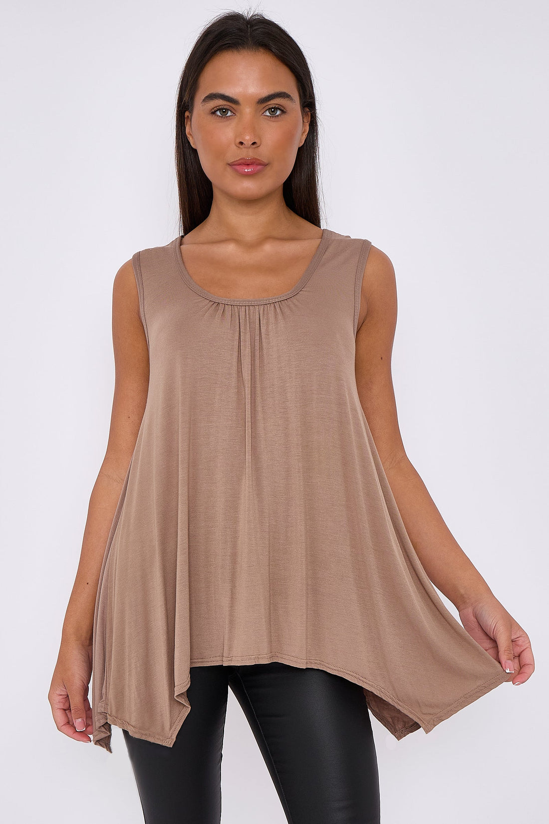 Mocha sleeveless top with gathered neckline and flowing asymmetric hem